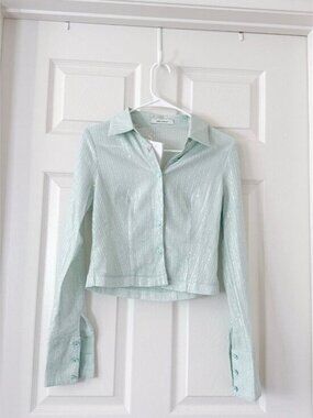 Mint Green Sequin Button-Up Crop Top – Women’s Size S Sparkly Long Sleeve